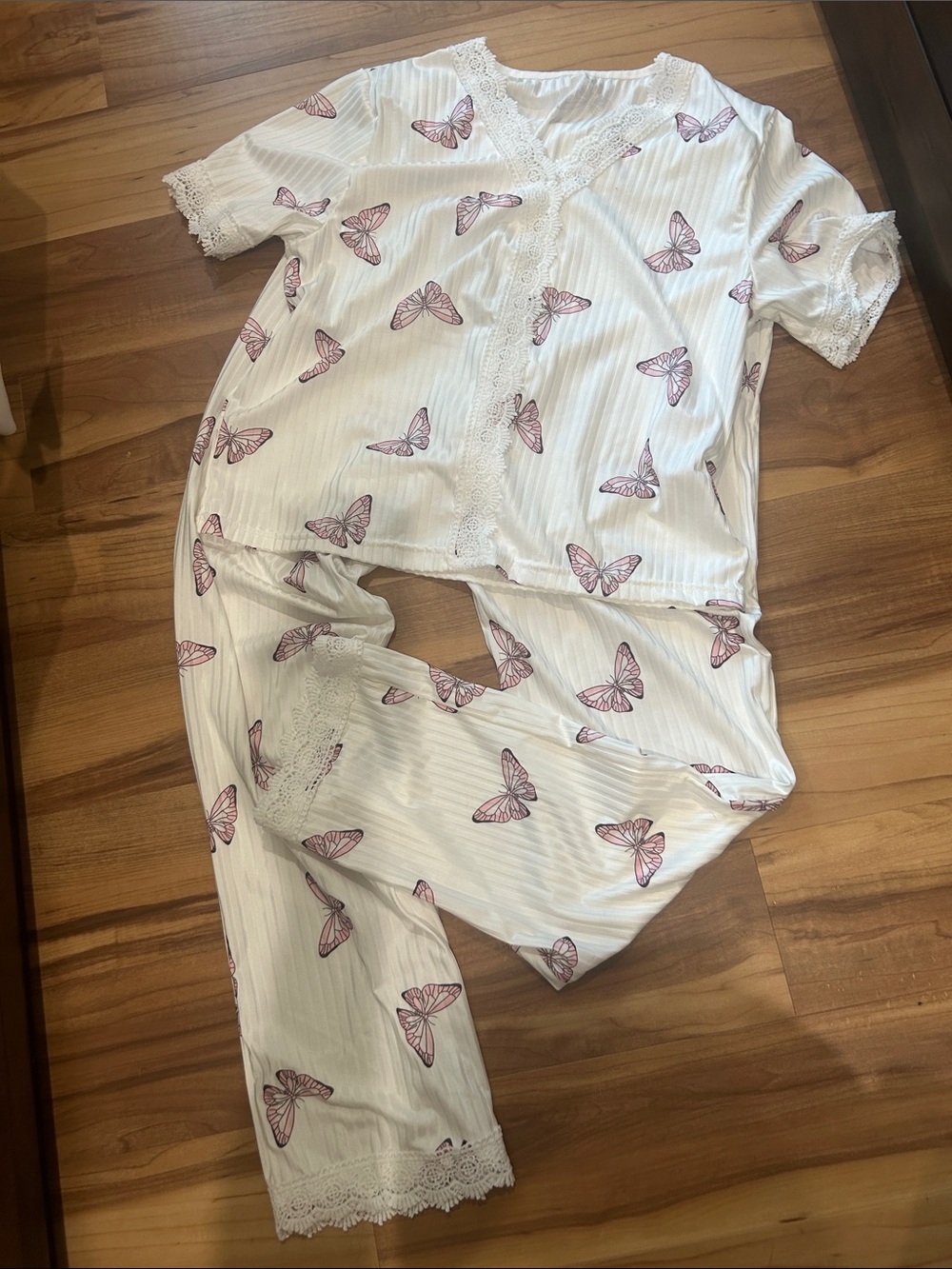 White Butterfly Print Pajama Set with Pink Accents ~ NEW